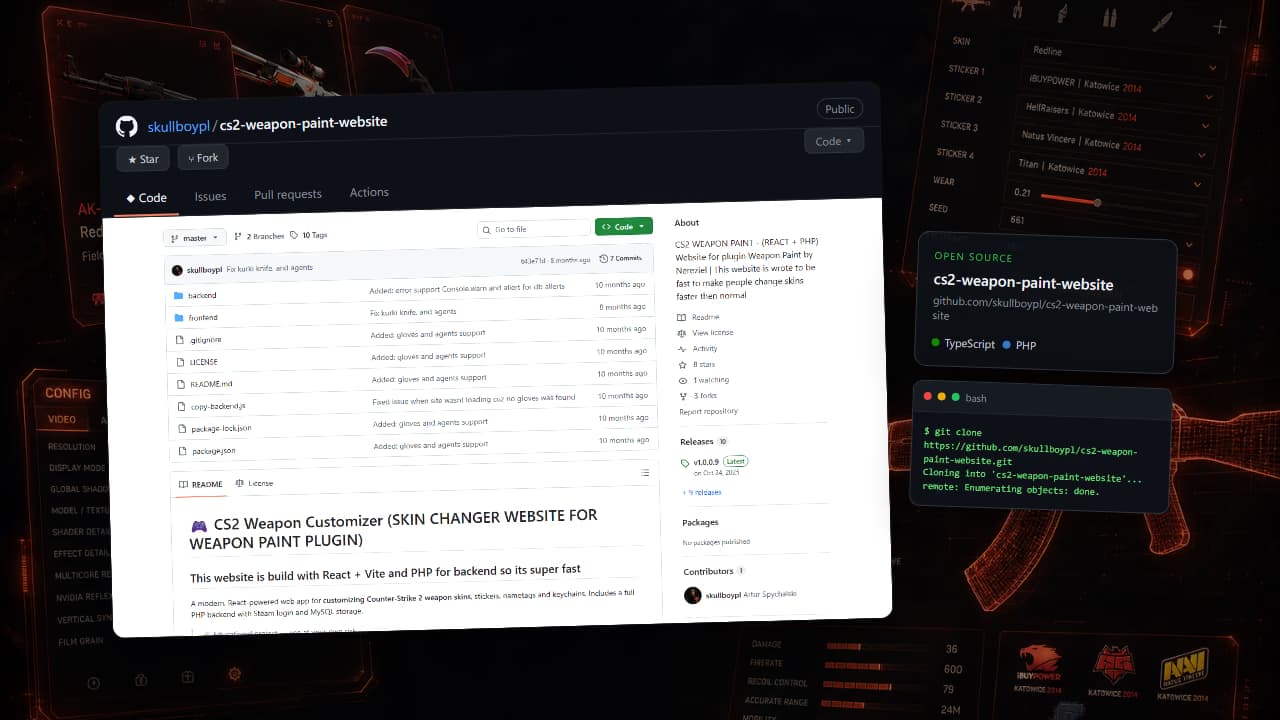 Podgląd projektu CS2 Weapon Pant website - strona do zmiany danych w pluginie ze skinami na serwer cs2